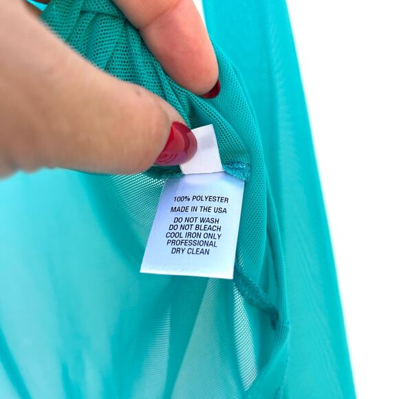 Amir Taghi Sheer Mesh Long Sleeve Top Teal Mock Neck Turquoise Medium Shirt - Picture 4 of 9